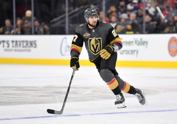 Shea Theodore of the Vegas Golden Knights skates during the third period of a game against the Seatle Kraken at T-Mobile Arena on October 12, 2021 in...