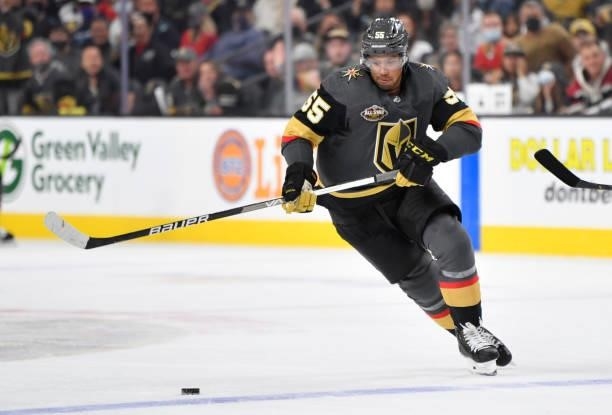 Keegan Kolesar of the Vegas Golden Knights skates during the third period of a game against the Seatle Kraken at T-Mobile Arena on October 12, 2021...