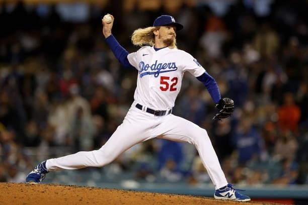 Phil Bickford of the Los Angeles Dodgers pitches against the San Francisco Giants during the ninth inning in game 4 of the National League Division...
