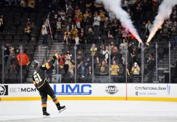 The Vegas Golden Knights celebrate after defeating the Seattle Kraken at T-Mobile Arena on October 12, 2021 in Las Vegas, Nevada.