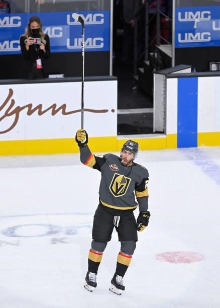The Vegas Golden Knights celebrate after defeating the Seattle Kraken at T-Mobile Arena on October 12, 2021 in Las Vegas, Nevada.