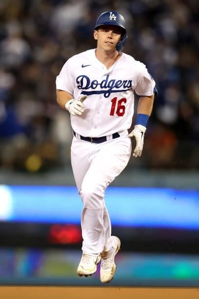 Will Smith of the Los Angeles Dodgers reacts after his two run home run against the San Francisco Giants during the eighth inning in game 4 of the...