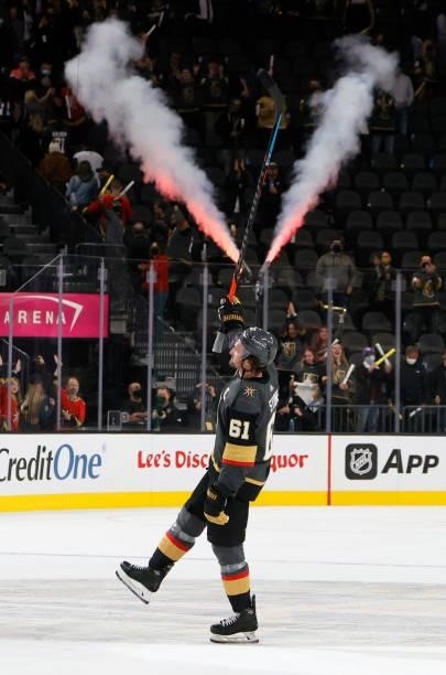 Mark Stone of the Vegas Golden Knights skates on the ice after being named the first star of the game following the team's 4-3 victory over the...