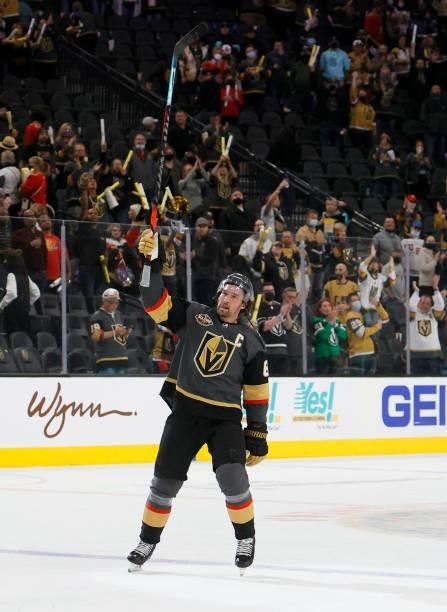 Mark Stone of the Vegas Golden Knights skates on the ice after being named the first star of the game following the team's 4-3 victory over the...