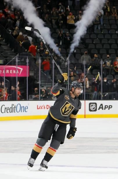 Chandler Stephenson of the Vegas Golden Knights skates on the ice after being named the second star of the game following the team's 4-3 victory over...