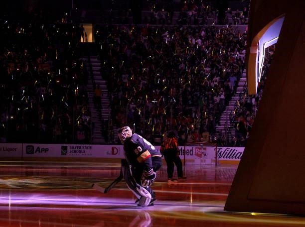 Robin Lehner of the Vegas Golden Knights takes to the ice for a game against the Seattle Kraken during the Kraken's inaugural regular-season game at...