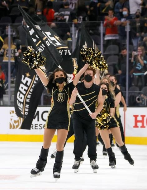 Members of the Knights Guard celebrate on the ice after the Vegas Golden Knights' 4-3 victory over the Seattle Kraken in the Kraken's inaugural...