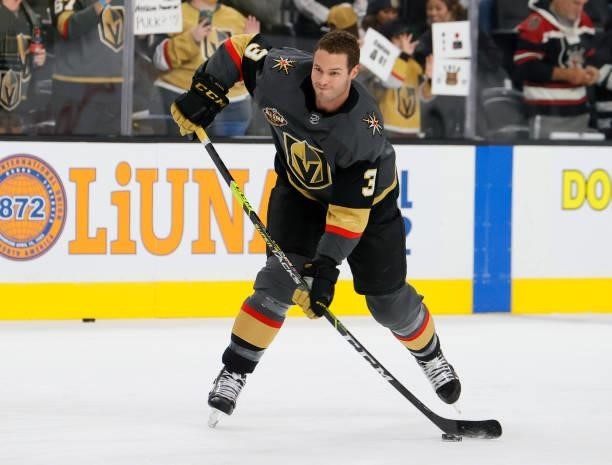 Brayden McNabb of the Vegas Golden Knights warms up before a game against the Seattle Kraken in the Kraken's inaugural regular-season game at...