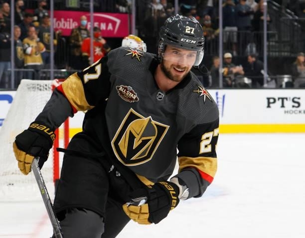 Shea Theodore of the Vegas Golden Knights warms up before a game against the Seattle Kraken in the Kraken's inaugural regular-season game at T-Mobile...