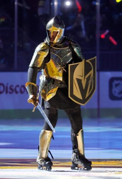 Lee Orchard as the Golden Knight performs during a pregame show before the Seattle Kraken's inaugural regular-season game against the Vegas Golden...