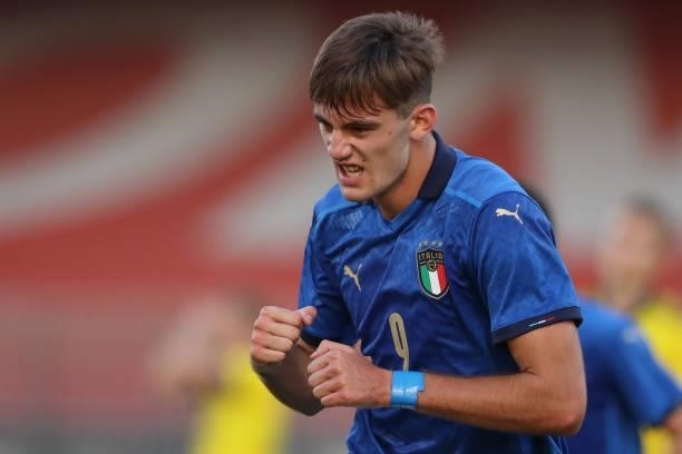 Lorenzo Lucca of Italy celebrates after scoring to give the side a 1-0 lead during the 2022 UEFA European Under-21 Championship Qualifier match...
