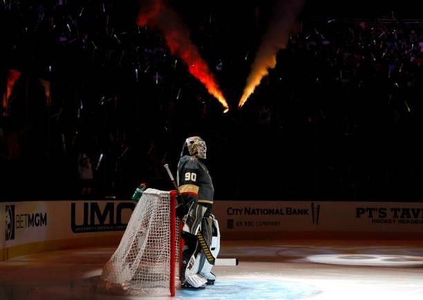 Robin Lehner of the Vegas Golden Knights is introduced before a game against the Seattle Kraken during the Kraken's inaugural regular-season game at...