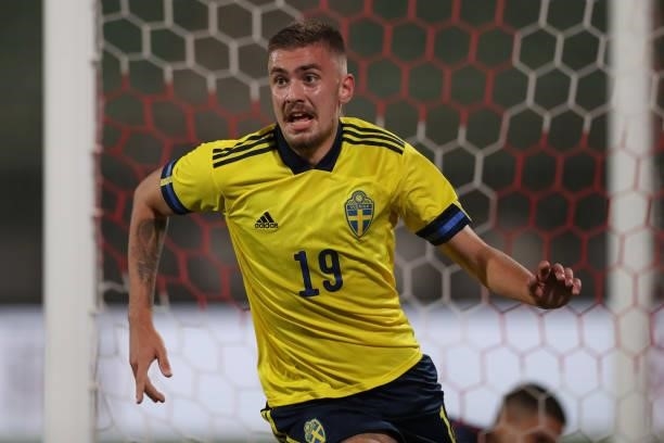 Tim Prica of Sweden celebrates after scoring a last minute goal to level the game at 1-1 during the 2022 UEFA European Under-21 Championship...