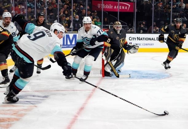 Ryan Donato of the Seattle Kraken controls the puck against the Vegas Golden Knights in the first period of the Kraken's inaugural regular-season...