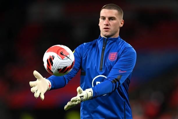 Sam Johnstone of England warms up prior to the 2022 FIFA World Cup Qualifier match between England and Hungary at Wembley Stadium on October 12, 2021...