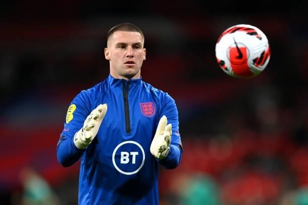 Sam Johnstone of England warms up prior to the 2022 FIFA World Cup Qualifier match between England and Hungary at Wembley Stadium on October 12, 2021...