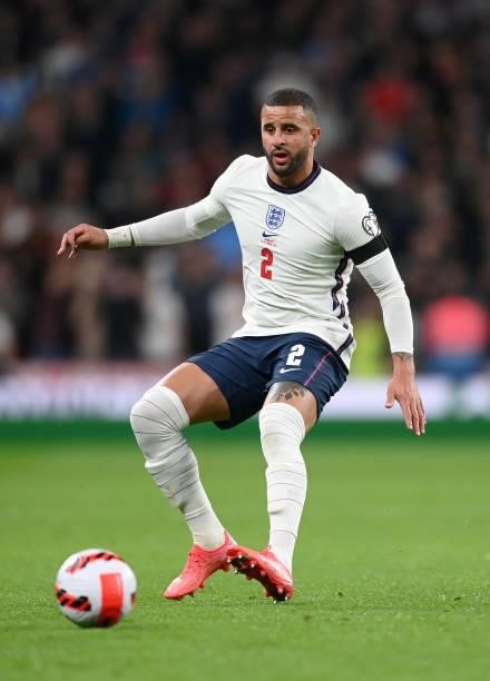 Kyle Walker of England runs with the ball during the 2022 FIFA World Cup Qualifier match between England and Hungary at Wembley Stadium on October...