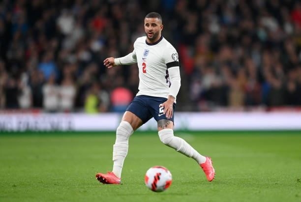 Kyle Walker of England runs with the ball during the 2022 FIFA World Cup Qualifier match between England and Hungary at Wembley Stadium on October...