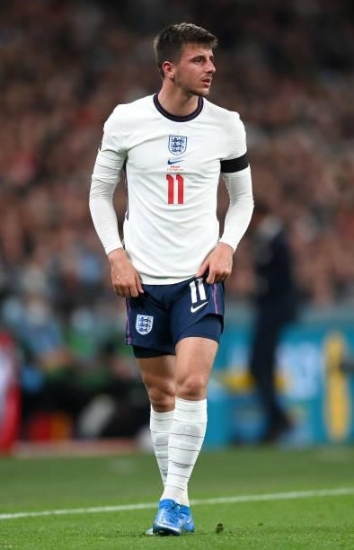 Mason Mount of England looks on during the 2022 FIFA World Cup Qualifier match between England and Hungary at Wembley Stadium on October 12, 2021 in...