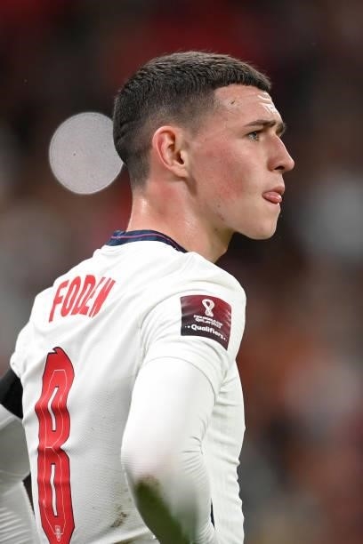 Phil Foden of England looks on during the 2022 FIFA World Cup Qualifier match between England and Hungary at Wembley Stadium on October 12, 2021 in...