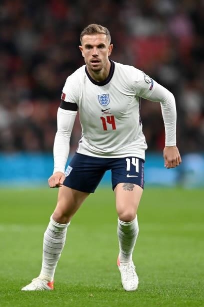 Jordan Henderson of England in action during the 2022 FIFA World Cup Qualifier match between England and Hungary at Wembley Stadium on October 12,...