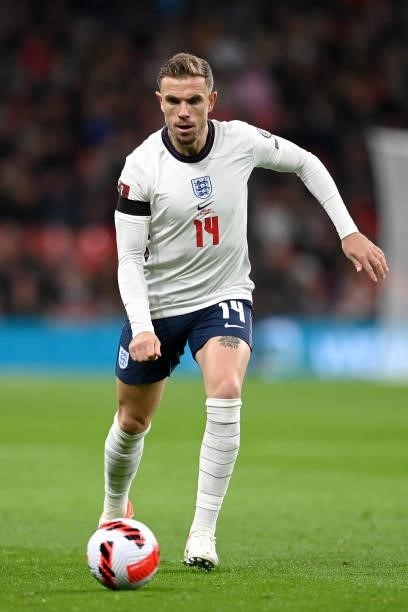 Jordan Henderson of England in action during the 2022 FIFA World Cup Qualifier match between England and Hungary at Wembley Stadium on October 12,...