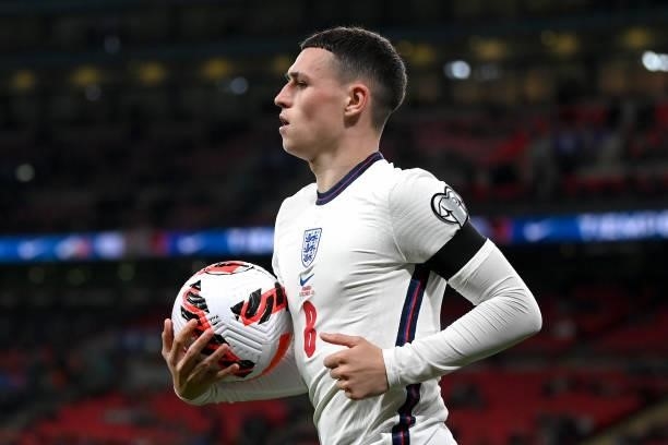 Phil Foden of England looks on during the 2022 FIFA World Cup Qualifier match between England and Hungary at Wembley Stadium on October 12, 2021 in...