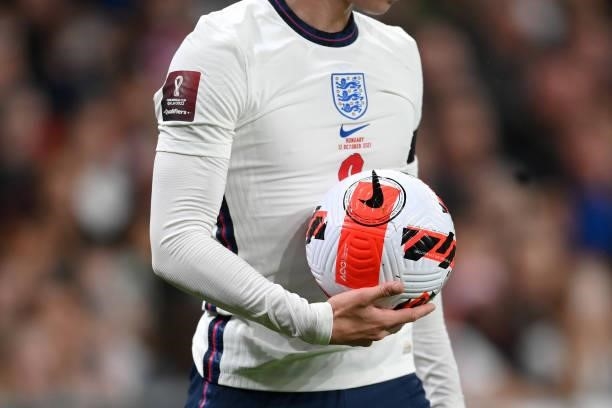 Phil Foden of England carries the Nike match ball during the 2022 FIFA World Cup Qualifier match between England and Hungary at Wembley Stadium on...