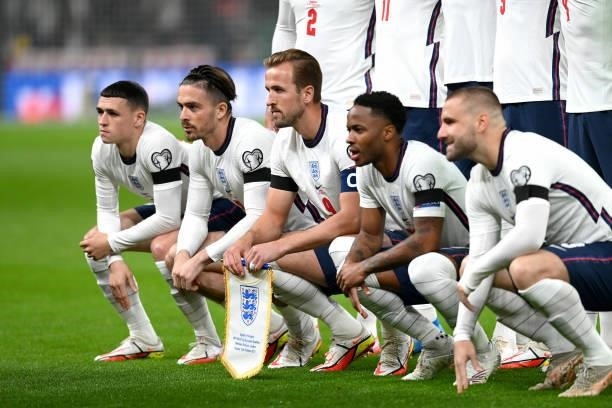 Players of England pose for a team photograph prior to the 2022 FIFA World Cup Qualifier match between England and Hungary at Wembley Stadium on...