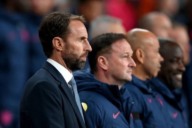 Gareth Southgate, Manager of England looks on prior to the 2022 FIFA World Cup Qualifier match between England and Hungary at Wembley Stadium on...