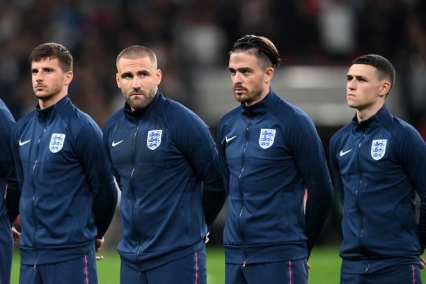 Mason Mount, Luke Shaw, Jack Grealish and Phil Foden of England line up prior to the 2022 FIFA World Cup Qualifier match between England and Hungary...
