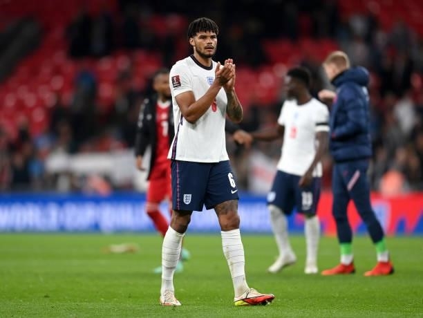 Tyrone Mings of England acknowledges the fans following the 2022 FIFA World Cup Qualifier match between England and Hungary at Wembley Stadium on...