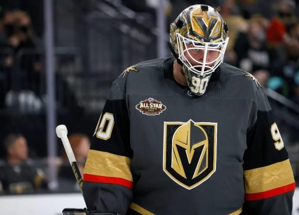 Robin Lehner of the Vegas Golden Knights takes a break during a stop in play in the third period of a game against the Seattle Kraken during the...