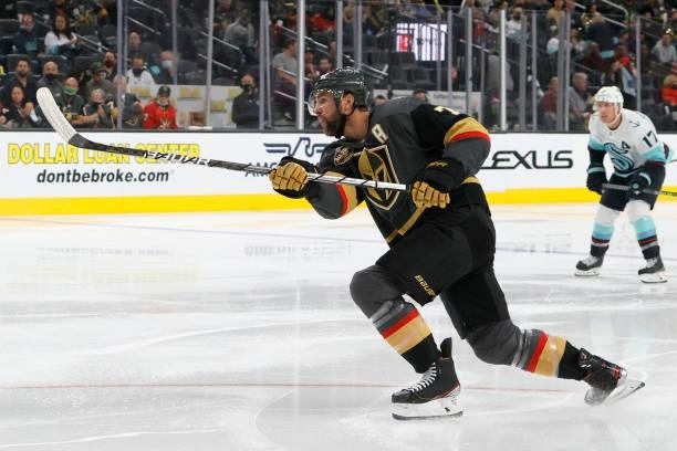 Alex Pietrangelo of the Vegas Golden Knights, playing in his 800th NHL game, watches his shot against the Seattle Kraken in the second period of the...