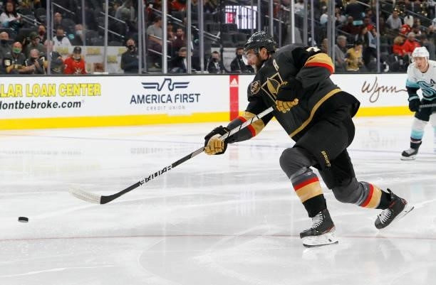 Alex Pietrangelo of the Vegas Golden Knights, playing in his 800th NHL game, takes a shot against the Seattle Kraken in the second period of the...