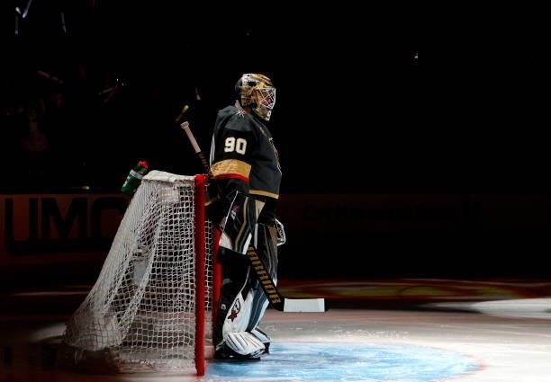 Robin Lehner of the Vegas Golden Knights is introduced before a game against the Seattle Kraken during the Kraken's inaugural regular-season game at...