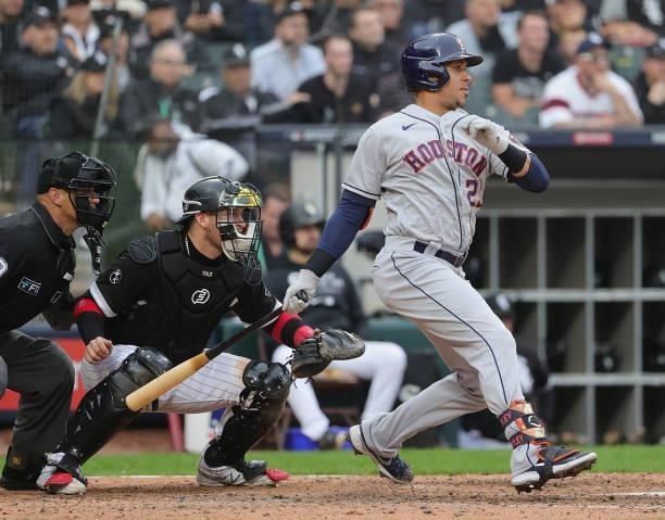 Michael Brantley of the Houston Astros bats against the Chicago White Sox at Guaranteed Rate Field on October 12, 2021 in Chicago, Illinois. The...