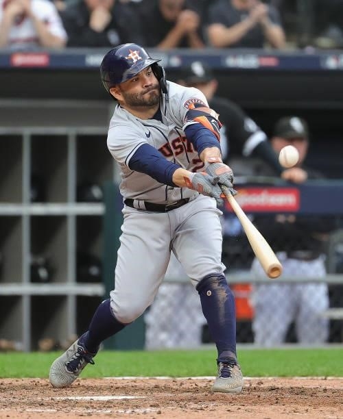 Jose Altuve of the Houston Astros bats against the Houston Astros at Guaranteed Rate Field on October 12, 2021 in Chicago, Illinois. The Astros...