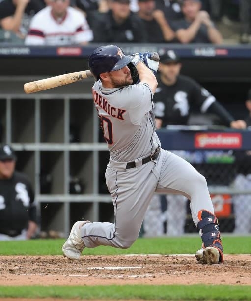 Chas McCormick of the Houston Astros bats against the Chicago White Sox at Guaranteed Rate Field on October 12, 2021 in Chicago, Illinois. The Astros...