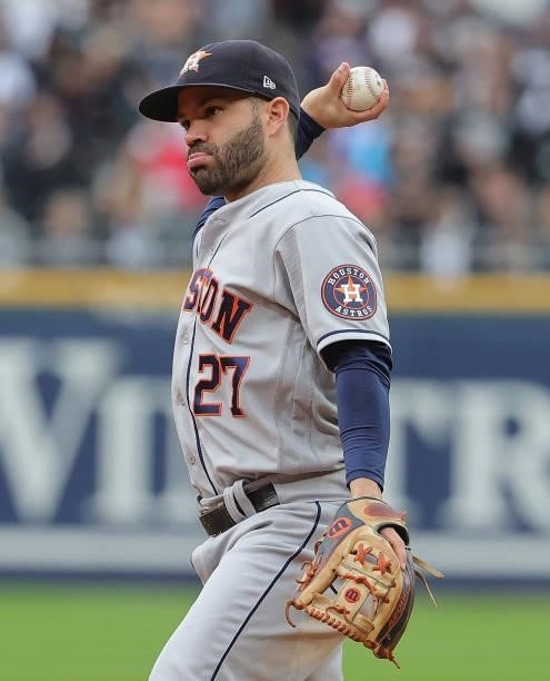 Jose Altuve of the Houston Astros throws to first base against the Chicago White Sox at Guaranteed Rate Field on October 12, 2021 in Chicago,...