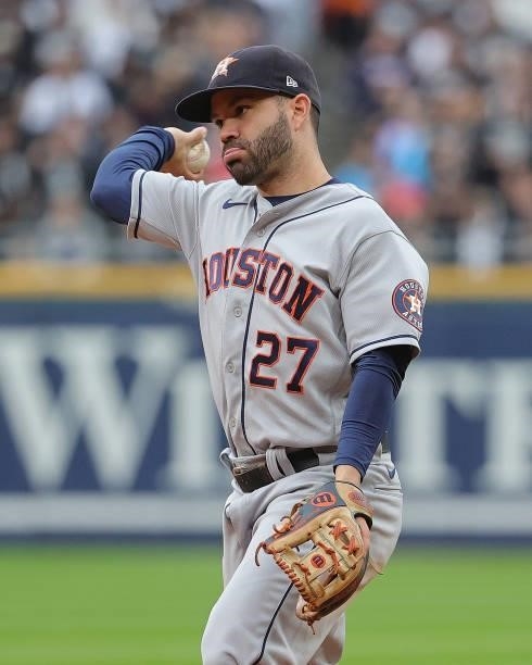 Jose Altuve of the Houston Astros throws to first base against the Chicago White Sox at Guaranteed Rate Field on October 12, 2021 in Chicago,...