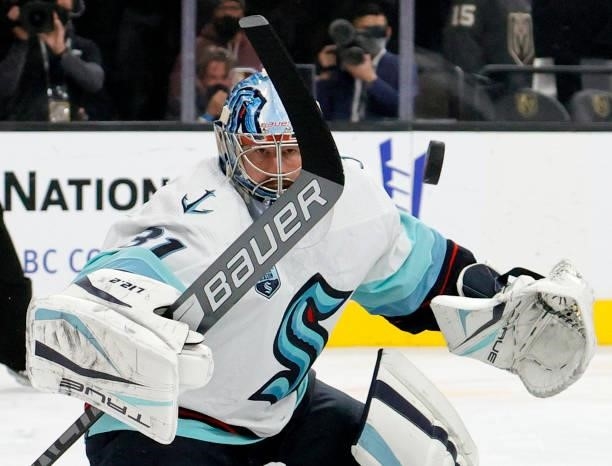 Philipp Grubauer of the Seattle Kraken makes a save against the Vegas Golden Knights in the second period of the Kraken's inaugural regular-season...
