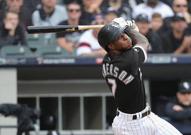 Tim Anderson of the Chicago White Sox bats against the Houston Astros at Guaranteed Rate Field on October 12, 2021 in Chicago, Illinois. The Astros...