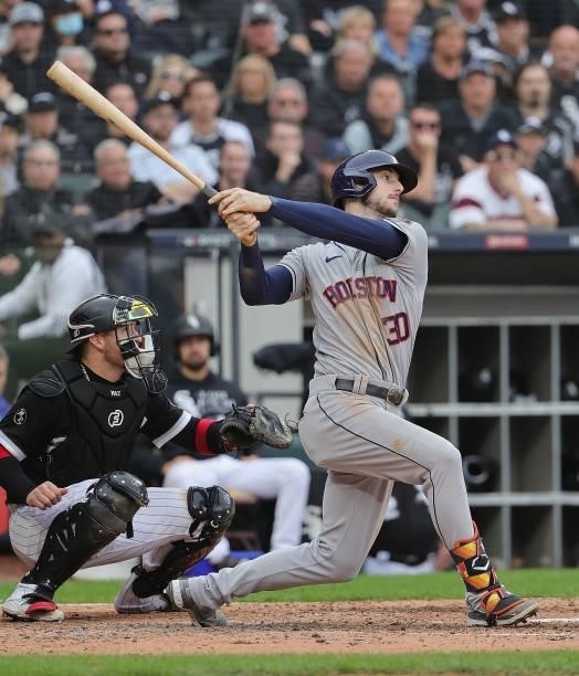 Kyle Tucker of the Houston Astros bats against the Chicago White Sox at Guaranteed Rate Field on October 12, 2021 in Chicago, Illinois. The Astros...