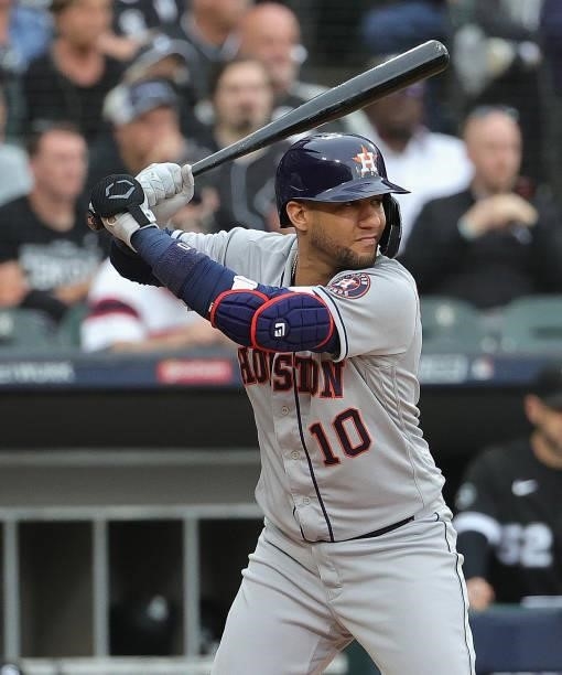 Yuli Gurriel of the Houston Astros bats against the Chicago White Sox at Guaranteed Rate Field on October 12, 2021 in Chicago, Illinois. The Astros...