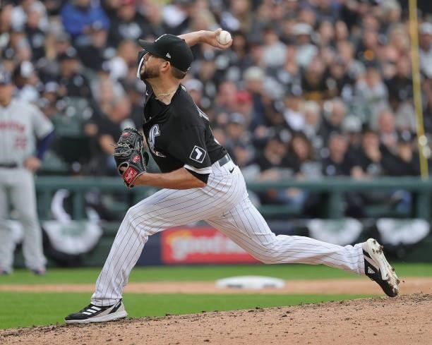 Ryan Tepera of the Chicago White Sox pitches against the Houston Astros at Guaranteed Rate Field on October 12, 2021 in Chicago, Illinois. The Astros...
