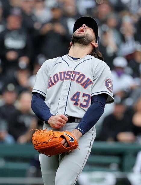 Lance McCullers Jr. #43 of the Houston Astros celebrates after the last strike out of the 4th inning against the Chicago White Sox at Guaranteed Rate...