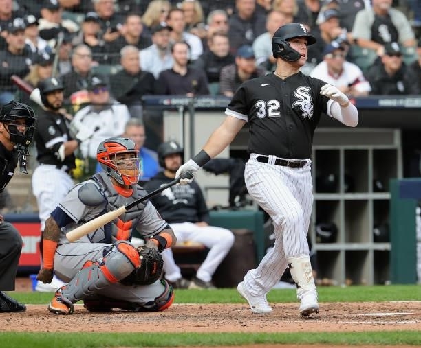 Gavin Sheets of the Chicago White Sox bats against the Houston Astros at Guaranteed Rate Field on October 12, 2021 in Chicago, Illinois. The Astros...