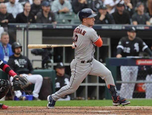 Alex Bregman of the Houston Astros bats against the Chicago White Sox at Guaranteed Rate Field on October 12, 2021 in Chicago, Illinois. The Astros...