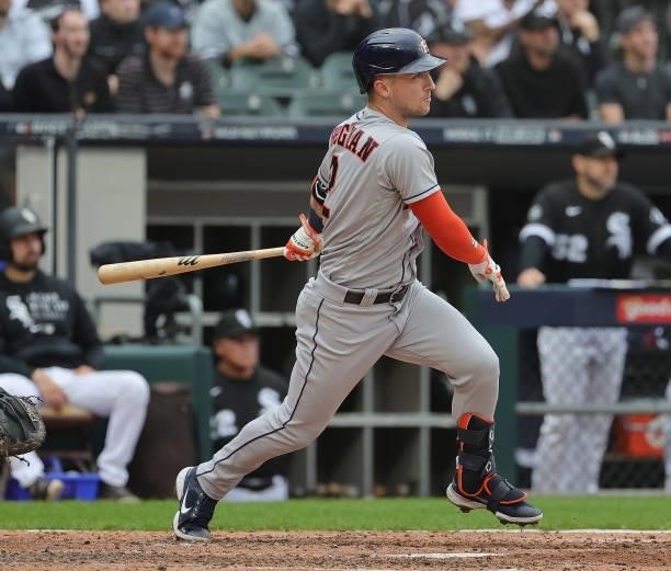 Alex Bregman of the Houston Astros bats against the Chicago White Sox at Guaranteed Rate Field on October 12, 2021 in Chicago, Illinois. The Astros...